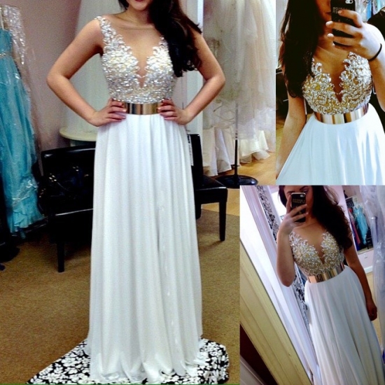Luxurious A-Line V-neck Floor Length Empire Chiffon White Evening/Prom Dress With Beading - Click Image to Close