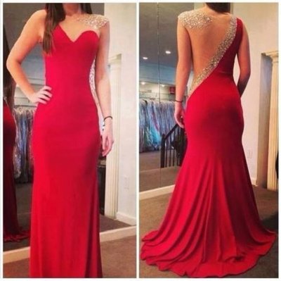 Luxurious Sheath Scoop Sweep Train Chiffon Red Evening/Prom Dress With Beading