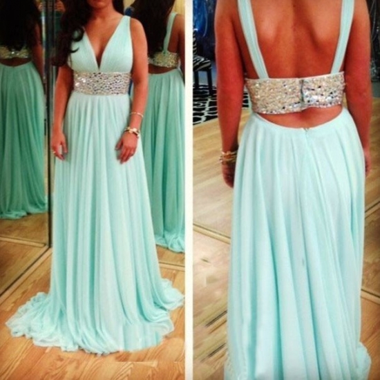 Elegant A-Line V-neck Sweep Train Empire Chiffon Mint Green Prom Dress With Sequins - Click Image to Close