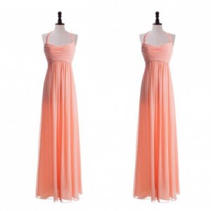 Luxurious A-Line Floor Length Chiffon Spaghetti Straps Pink Bridesmaid Dress With Ruched