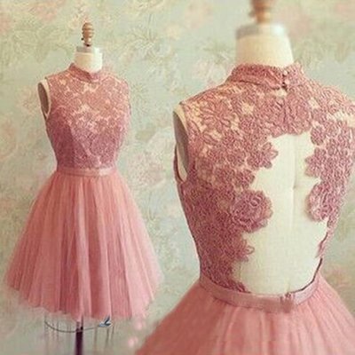 New A-Line High Neck Short Backless Tulle Pink Prom Dress With Lace