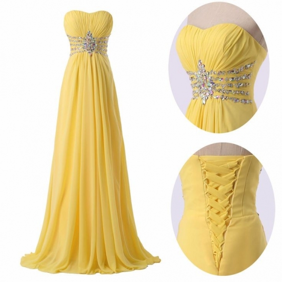 Elegant Empire Strapless Yellow Long Chiffon Prom/Evening Dress with Beading - Click Image to Close