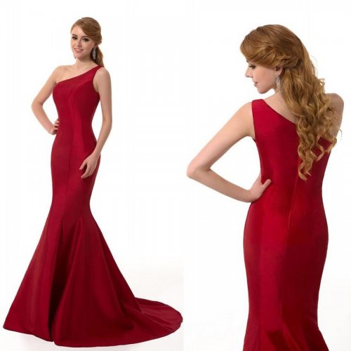 Elegant Mermaid One Shoulder Sweep Train Satin Burgundy Evening/Prom Dress