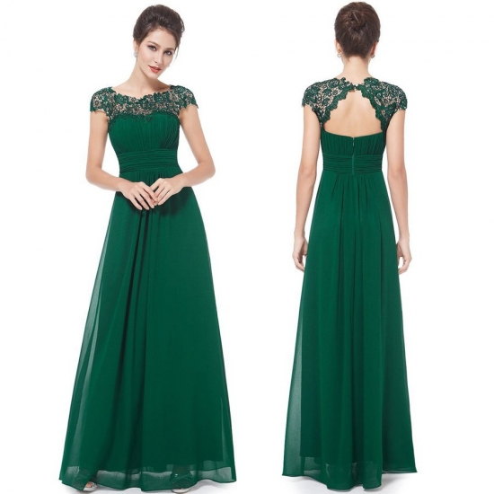 A-Line Bateau Cap Sleeves Open Back Dark Green Chiffon Bridesmaid Dress with Lace - Click Image to Close