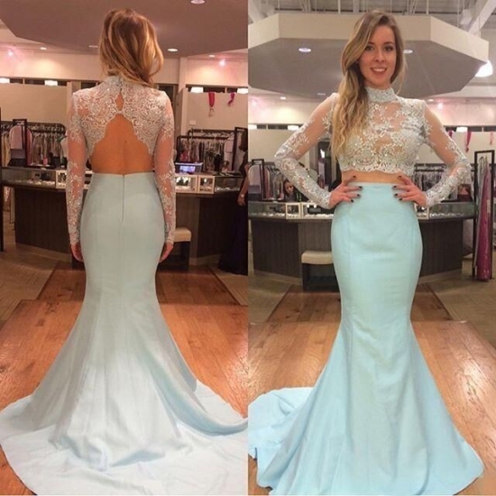 Honorable Prom Dress -Sky Blue Mermaid High Neck Long Sleeves with Lace - Click Image to Close
