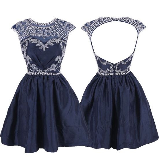 Gorgeous Prom/Homecoming Dress -Navy Blue A-Line Scoop Cap Sleeves Beaded - Click Image to Close