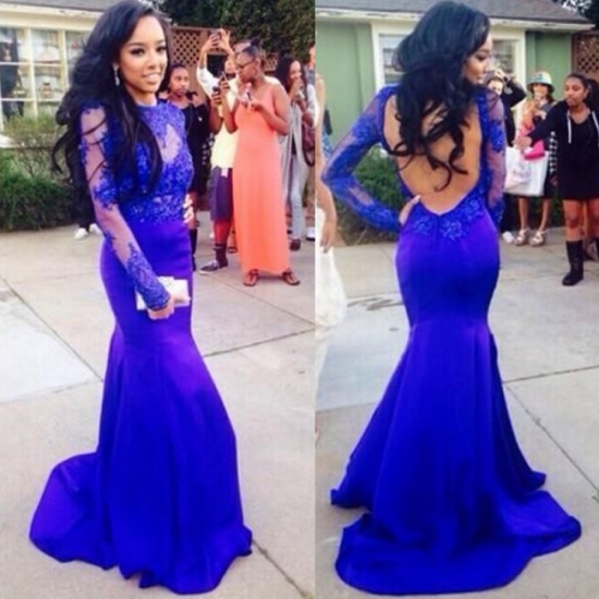 Sexy Prom Dress -Royal Blue Mermaid Scoop Long Sleeves with Appliques - Click Image to Close