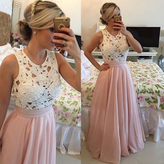 Elegant Long Prom Dress - Blush O-Neck A-Line with Lace - Click Image to Close