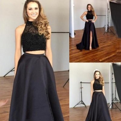 Sexy Two Piece Prom/Homecoming Dress - Black High Neck with Beaded