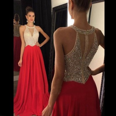 Elegant Long Prom Dress - Red O-Neck with Beaded Gown for Women