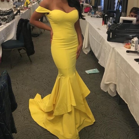 Modern Cap Sleeves Sweetheart Ruffles Mermaid Yellow Long Prom Evening Dress - Click Image to Close