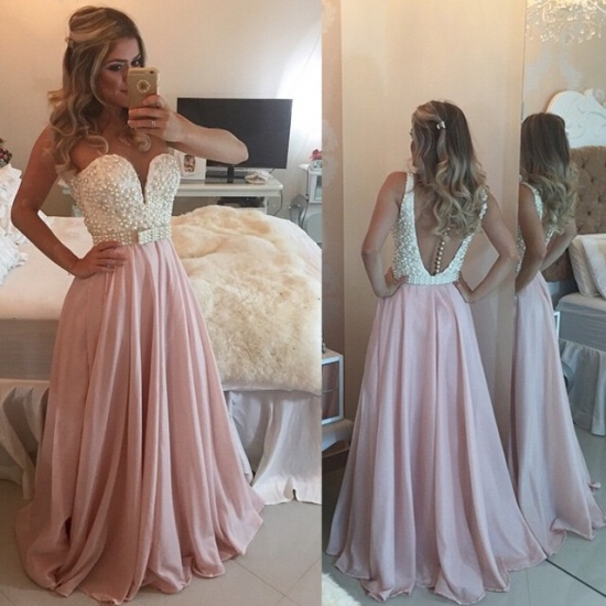 A-Line Jewel Illusion Back Long Pink Chiffon Prom Dress with Pearls Bowknot - Click Image to Close