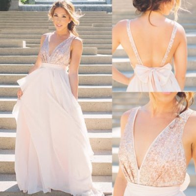 Elegant Straps V-neck A-line Long Pink Bridesmaid Dress With Sequins