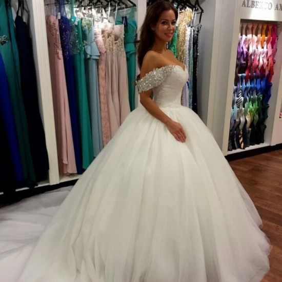Wonderful Beaded Off the Shoulder Ball Gown Bridal Gown Wedding Dress - Click Image to Close