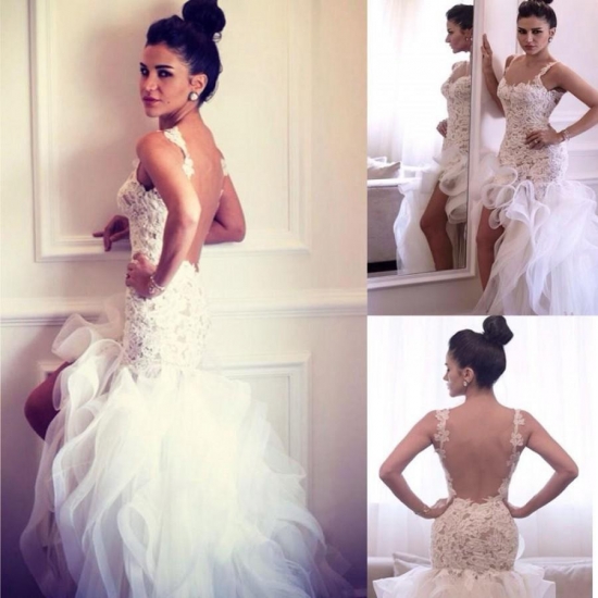 Elegant High-Low Backless Bridal Gown - Spaghetti Straps with Appliques - Click Image to Close