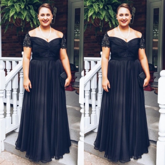 Glamour Black Cap Sleeves Floor Length Plus Size Bridesmaid Dress - Click Image to Close