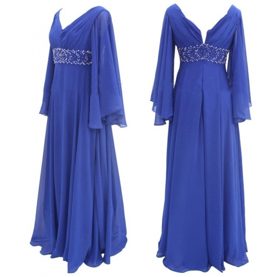Graceful V-Neck Royal Blue Floor Length Long Sleeves Mother of the Bride Dresses - Click Image to Close