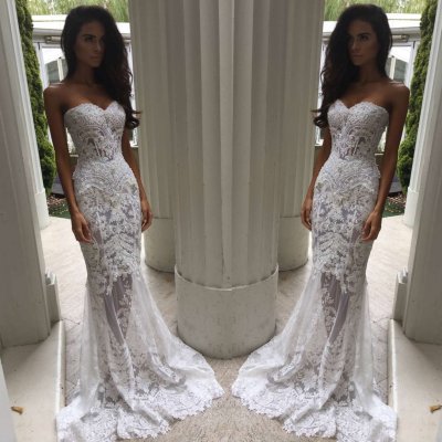 Charming Sheath/Column Sweetheart Court Train Lace Wedding Dresses with Appliques