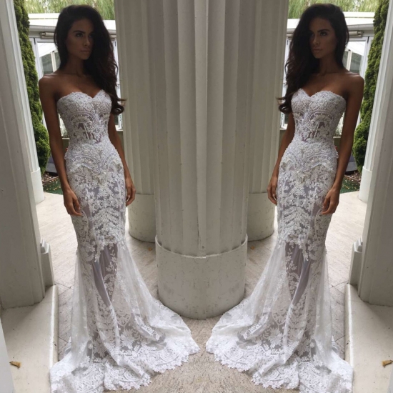 Charming Sheath/Column Sweetheart Court Train Lace Wedding Dresses with Appliques - Click Image to Close