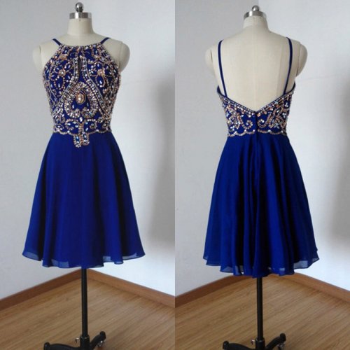 Hot Sale Spaghetti Straps Short Royal Blue Homecoming Dresses Beaded Rhinestones