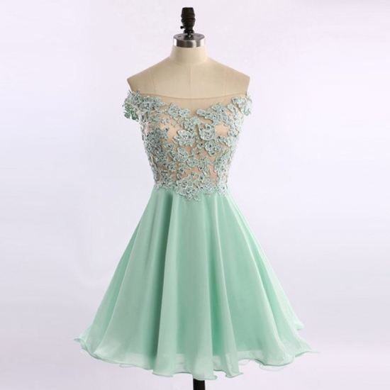 Fashion Off-the-shoulder Short Mint Homecoming Dresses with Appliques Beaded - Click Image to Close