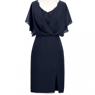 Sheath V-Neck Short Navy Blue Chiffon Mother of the Bride Dress with Beading