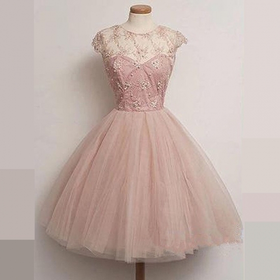 Stunning Jewel Cap Sleeves Ball Gown Pink Homecoming Dress with Beading - Click Image to Close