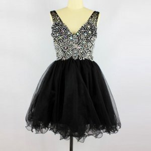 Stylish V-neck Illusion Back Short Black Homecoming Dress with Beading Rhinestones