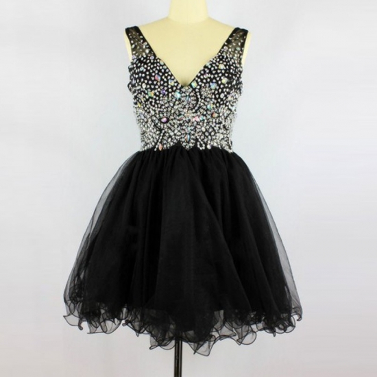 Stylish V-neck Illusion Back Short Black Homecoming Dress with Beading Rhinestones - Click Image to Close