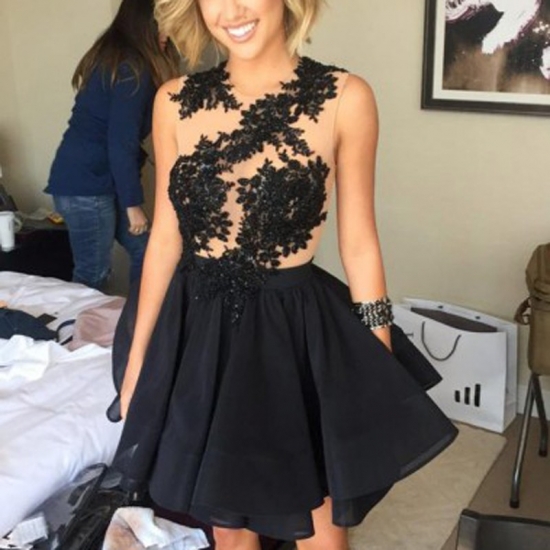 Modern Jewel Sleeveless Short Black Homecoming Dress with Lace Appliques Open Back - Click Image to Close