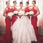 Elegant Jewel Sleeveless Sheath Red Lace Bridesmaid Dress with Sweep Train
