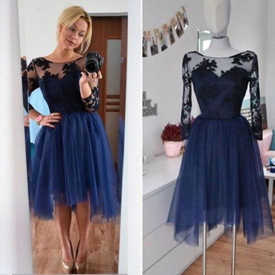 Generous 3/4 Sleeves Bateau Neck Asymmetry Navy Homecoming Dress with Lace Top Under 100 - Click Image to Close