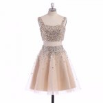Stunning Two Piece Square Neck Sleeveless Short Light Champagne Homecoming Dress with Beading