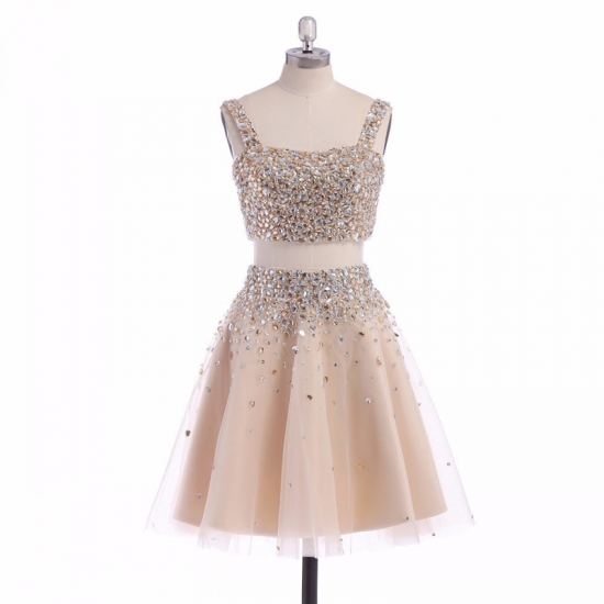 Stunning Two Piece Square Neck Sleeveless Short Light Champagne Homecoming Dress with Beading - Click Image to Close