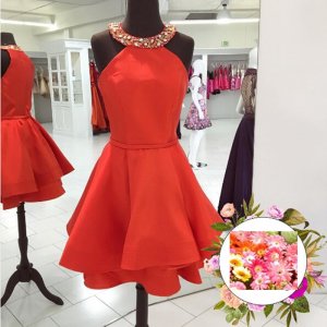 Generous Jewel Sleeveless Short Red Satin Homecoming Dress with Beading Tiered