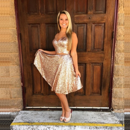 Pretty Two Piece V-neck Knee-Length Gold Sequined Homecoming Dress - Click Image to Close