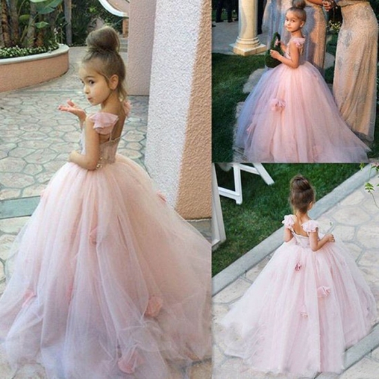 Ball Gown Pink Flower Girl Dress with Flowers Jewel Sleevelss Open Back Floor-Length - Click Image to Close