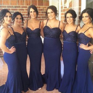 Stylish Mermaid Bridesmaid Dress - Navy Blue Spaghetti Straps Sweeep Train with Beading