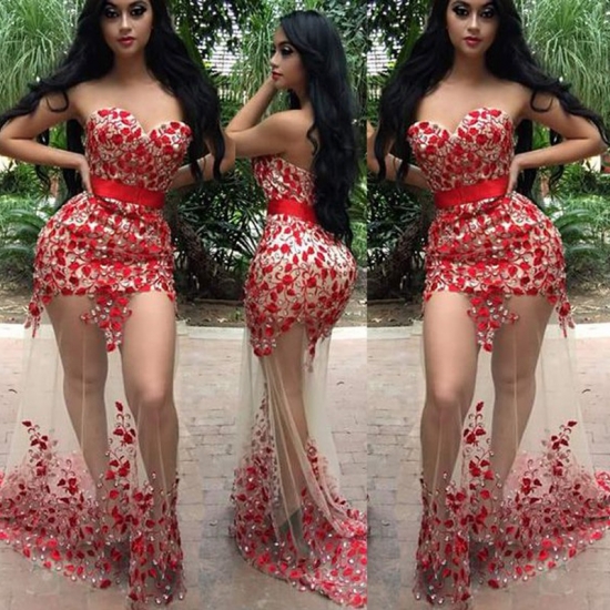 Red Sheath Sweetheart Sleeveless Sweep Train Appliques Beading Prom Dress - Click Image to Close