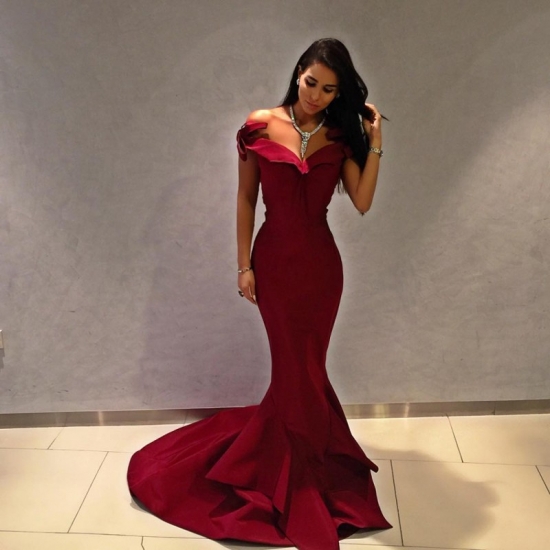 Burgundy Off-the-Shoulder Open Back Bowknot Mermaid Long Prom Dress - Click Image to Close
