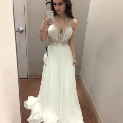 Trendy White Prom Dress - Jewel Sleeveless Sweep Train Keyhole with Beading