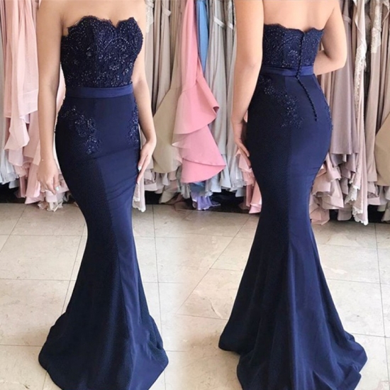 Navy Blue Mermaid Style Sweetheart Long Prom Dress with Sash Beading Appliques - Click Image to Close