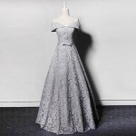 A-line Off-the-Shoulder Lace-up Floor-Length Grey Lace Prom Dress with Bowknot