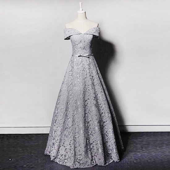A-line Off-the-Shoulder Lace-up Floor-Length Grey Lace Prom Dress with Bowknot - Click Image to Close