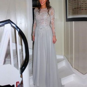 Light Grey Backless Floor-Length Long Sleeves Prom Dress with Beading