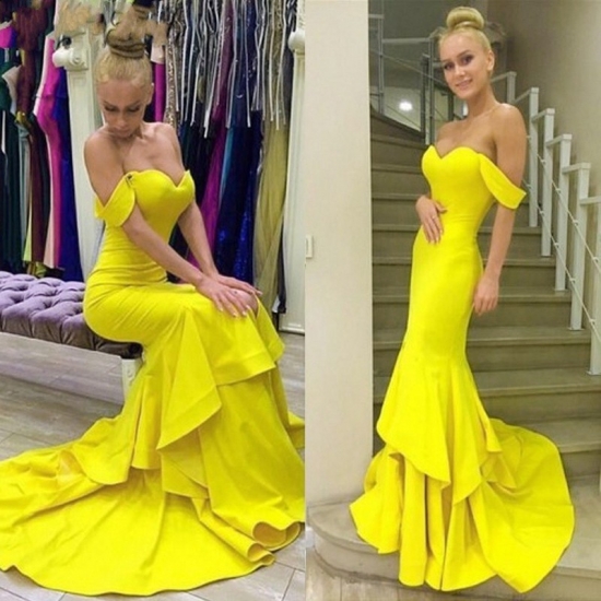 Mermaid Style Prom Dress - Yellow Off-the-Shoulder Tiered Sweep Train - Click Image to Close