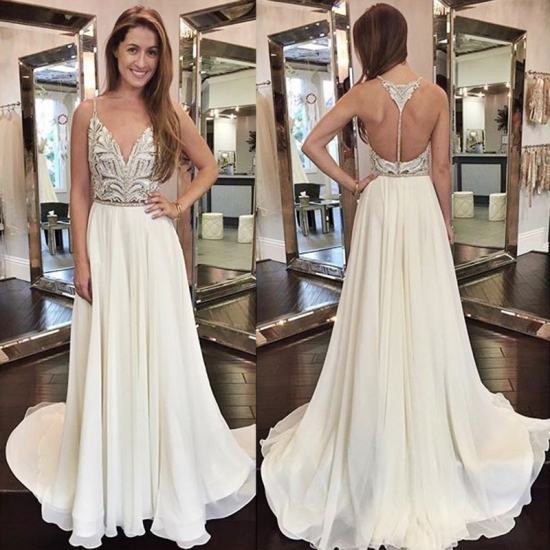 Two Piece Spaghetti Straps White Chiffon Prom Dress with Lace Beading - Click Image to Close