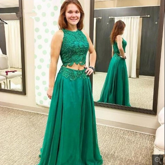Two Piece Jewel Long Green Tulle Prom Dress with Lace Appliques - Click Image to Close