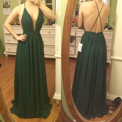 A-Line Deep V-Neck Backless Dark Green Chiffon Prom Dress with Pleats