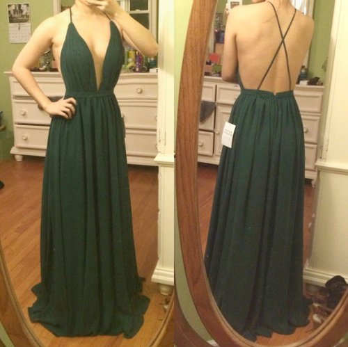 A-Line Deep V-Neck Backless Dark Green Chiffon Prom Dress with Pleats